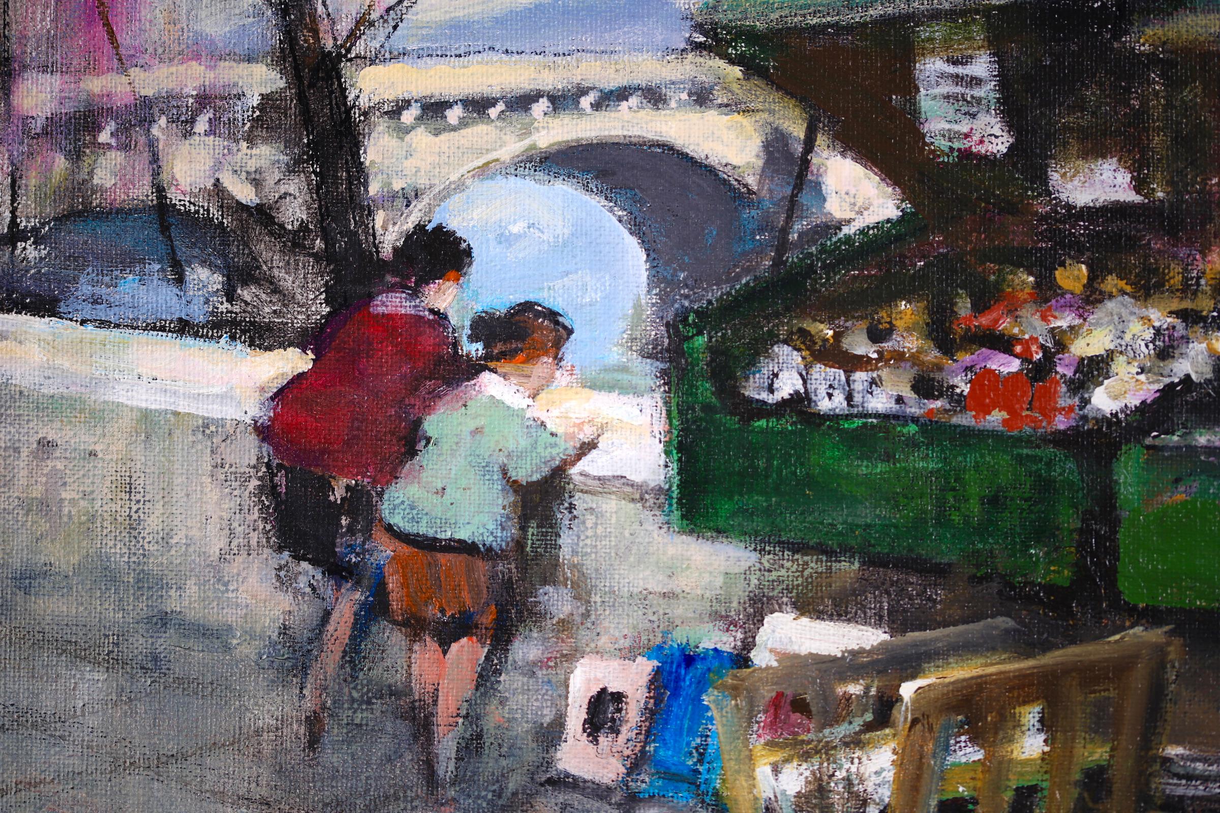 Signed figures in cityscape oil on original canvas circa 1950 by French impressionist painter Jules Rene Herve. The piece depicts a view of a bookseller's stall beside the River Seine in Paris, France, with blossom trees overhead.

Signature:
Signed