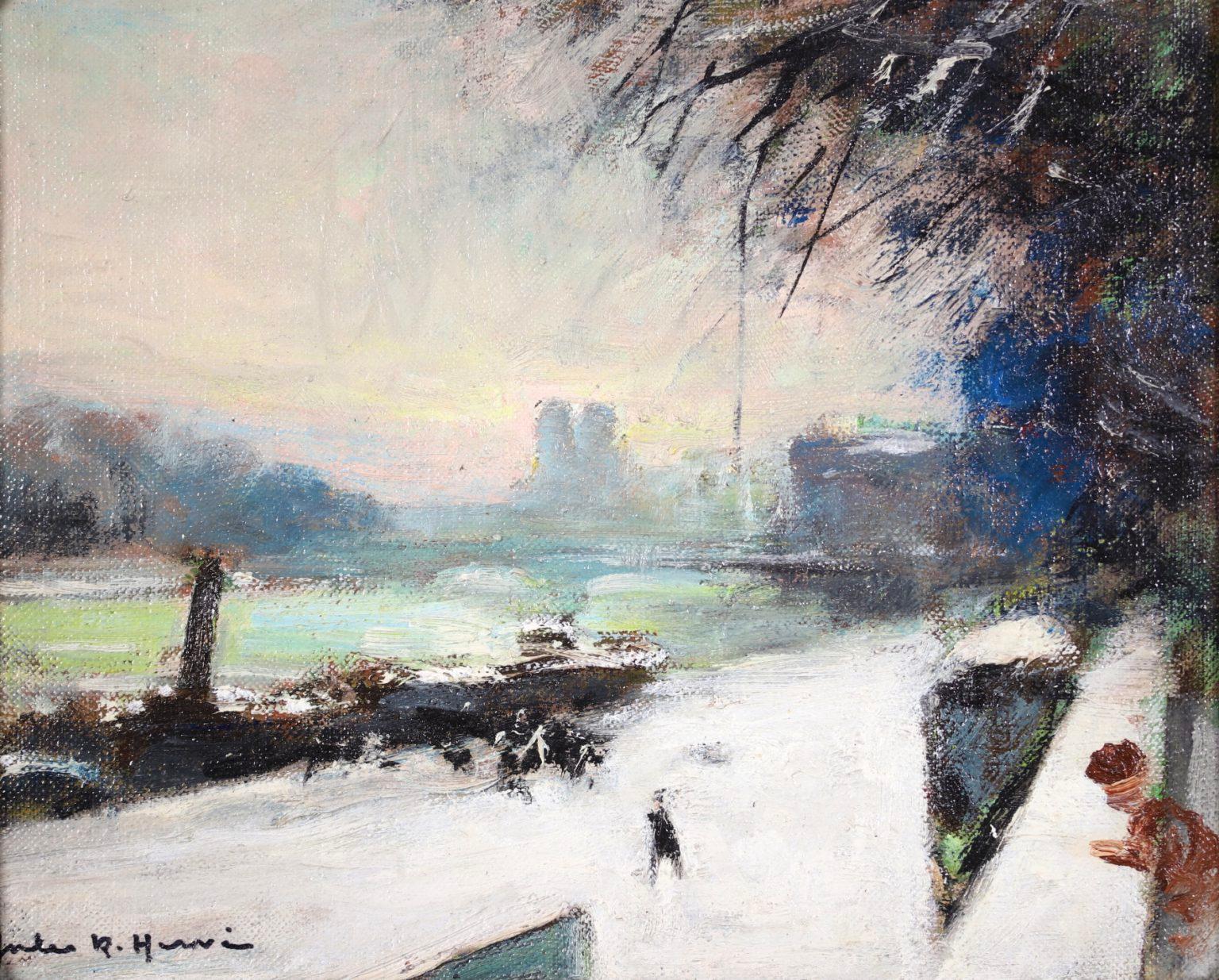 Seine in the Snow - Impressionist Oil, Figures in Riverscape by Jules Rene Herve - Painting by Jules René Hervé