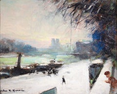 Seine in the Snow - Impressionist Oil, Figures in Riverscape by Jules Rene Herve