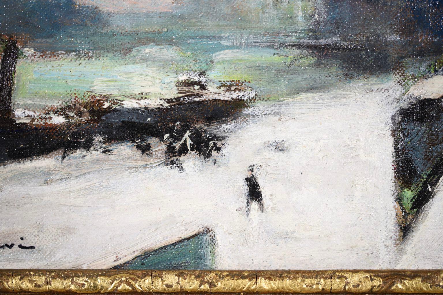 Seine in the Snow - Impressionist Oil, Figures in Riverscape by Jules Rene Herve - Brown Landscape Painting by Jules René Hervé