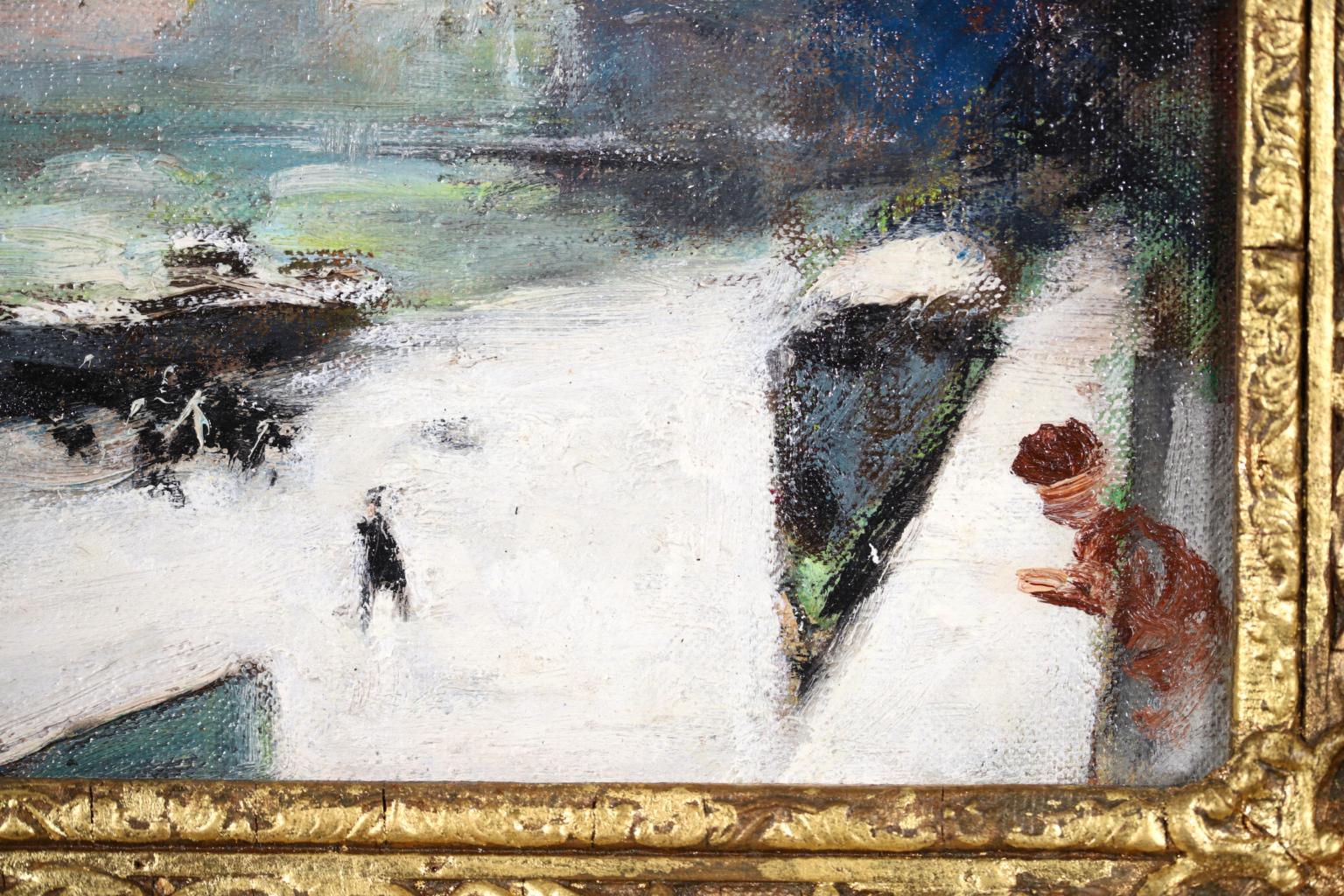 Huile impressionniste Seine dans la neige - Figures dans un paysage fluvial de Jules Rene Herve 1