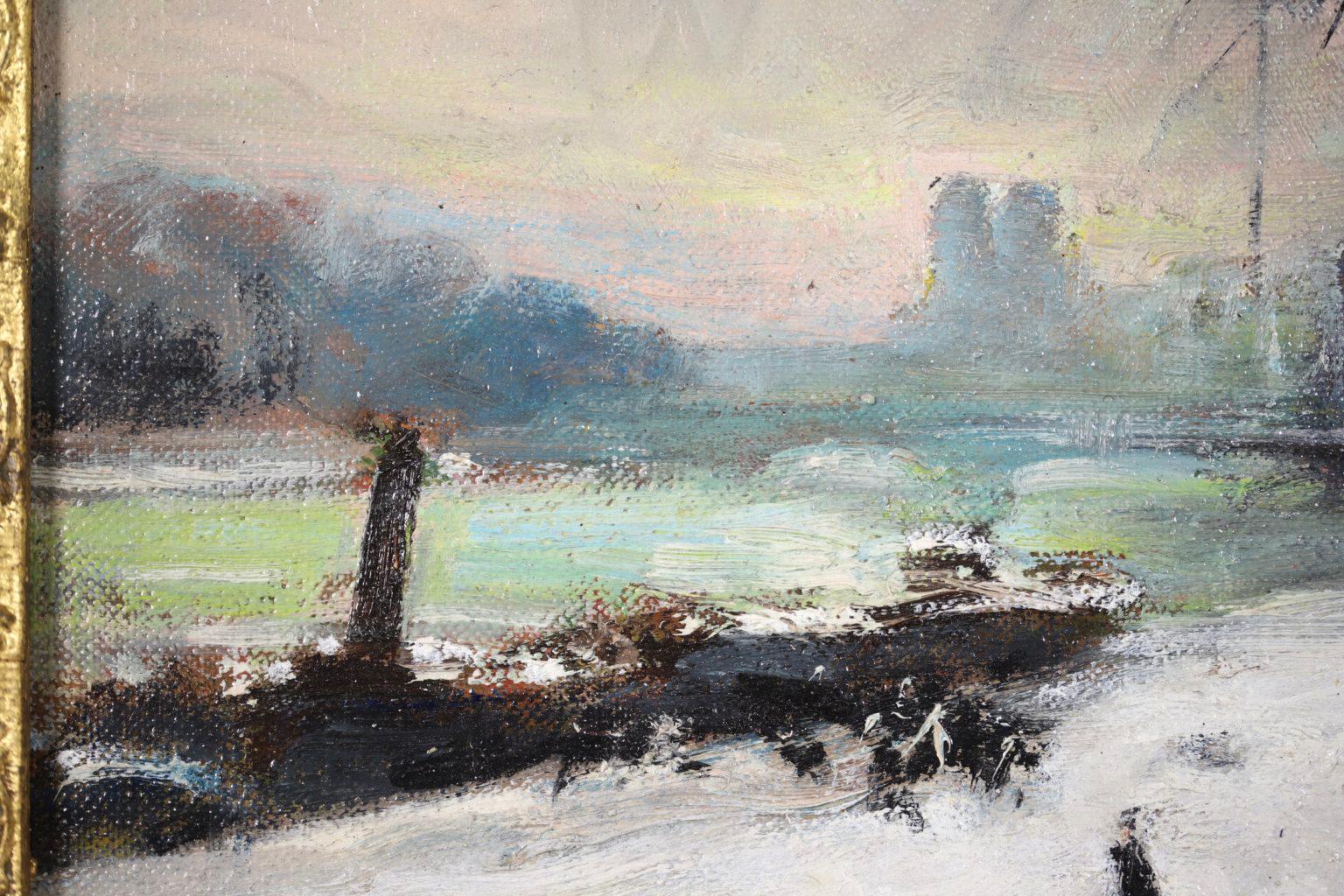 Seine in the Snow - Impressionist Oil, Figures in Riverscape by Jules Rene Herve 1