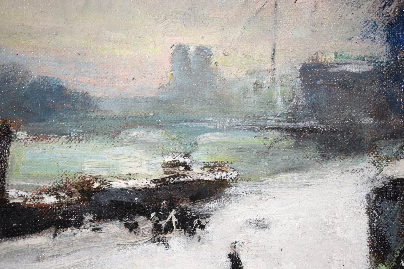 Huile impressionniste Seine dans la neige - Figures dans un paysage fluvial de Jules Rene Herve 3