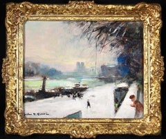 Seine im Schnee - Impressionistisches Ölgemälde, Figuren in Flusslandschaft von Jules Rene Herve