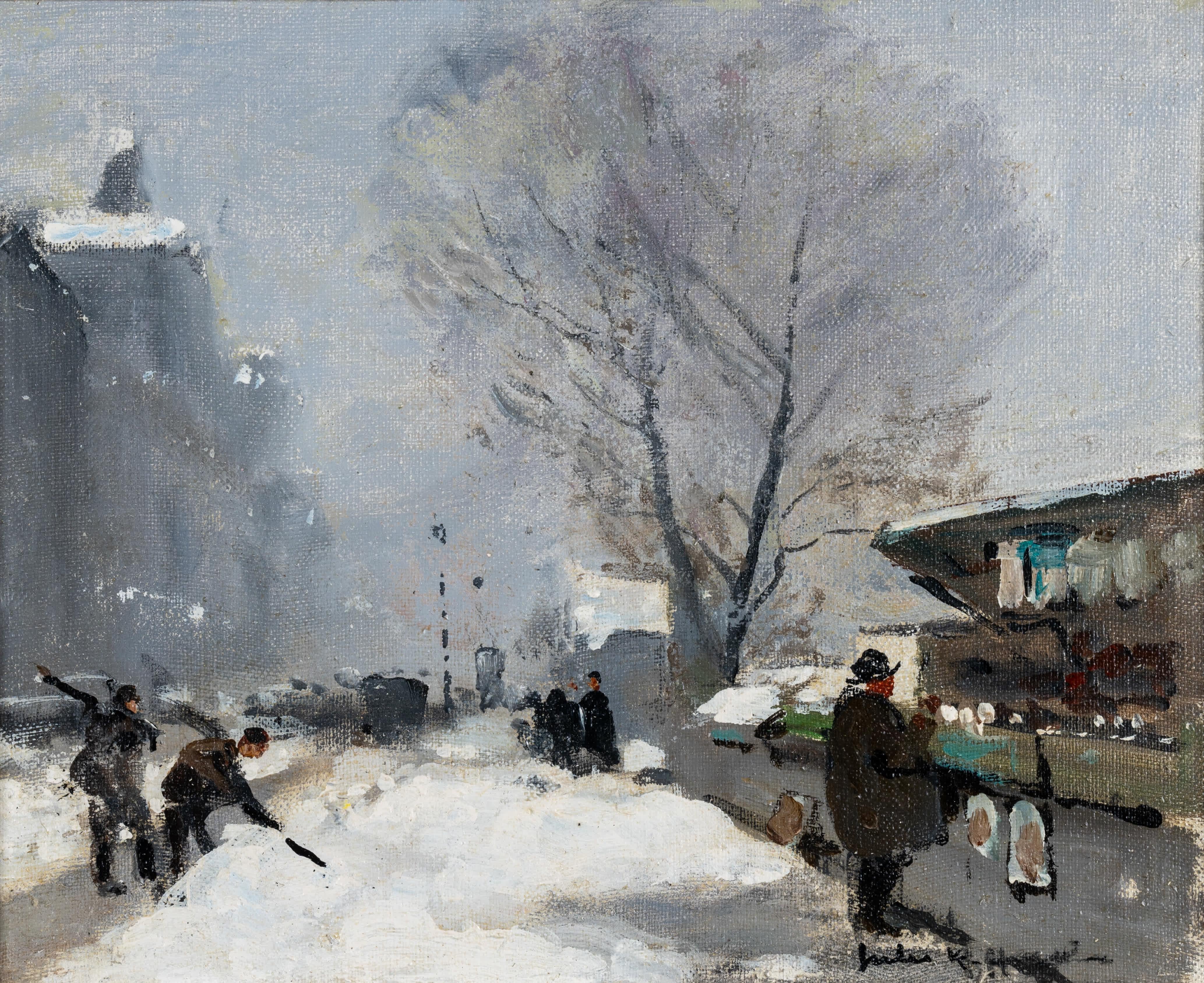 Palear la nieve - Painting Impresionista de Jules René Hervé
