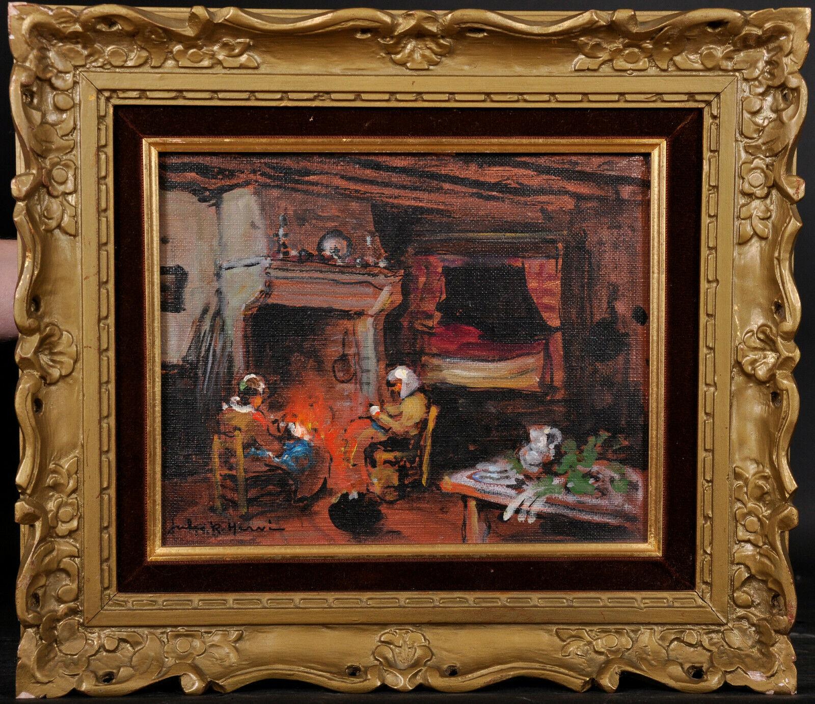 SIGNED ORIGINAL OIL - KNITTING AROUND THE FIREPLACE FRENCH COTTAGE INTERIOR - Painting by Jules René Hervé