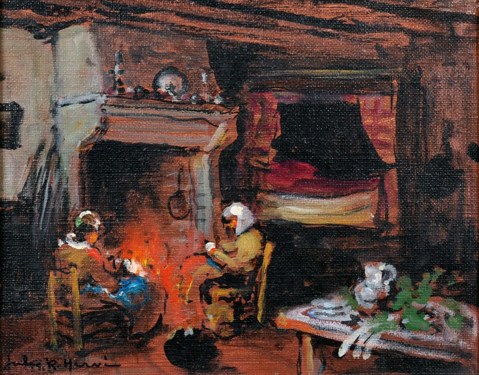 Jules René Hervé Figurative Painting - SIGNED ORIGINAL OIL - KNITTING AROUND THE FIREPLACE FRENCH COTTAGE INTERIOR