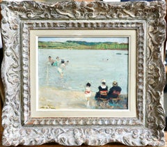 Sur la Plage - 20th Century Oil, Figures at the Beach by Jules Rene Herve