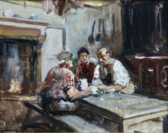 The Conversation - Post Impressionist Oil, Figures in Interior by Jules R Herve