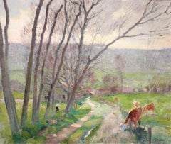 The Old Farm - Impressionist Oil, Cows & Figures in Landscape - Jules Rene Herve