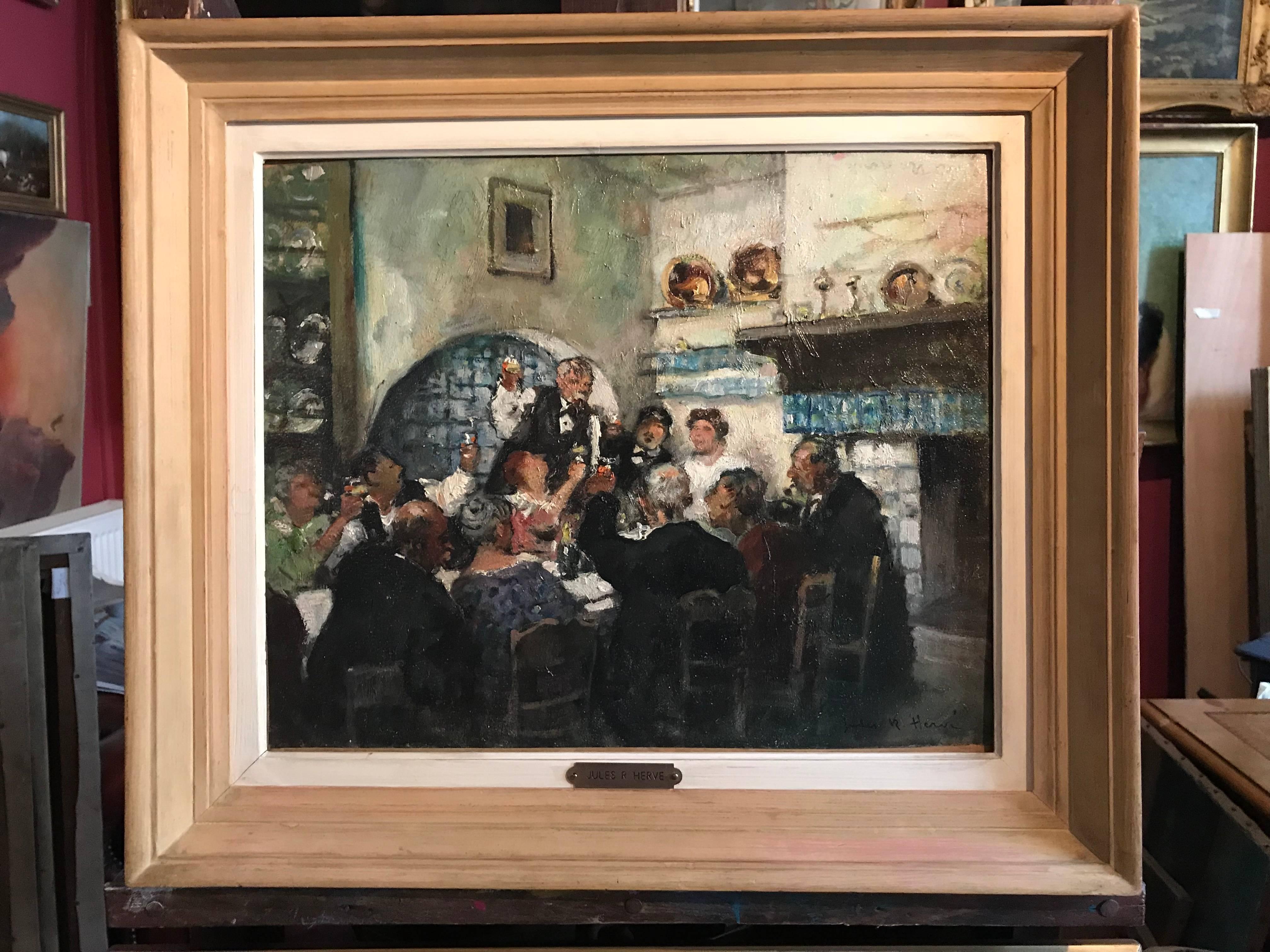 The Toast
by JULES RENÉ HERVÉ (French 1887-1981) 
signed lower right corner
oil painting on board, 14.75 x 18.5 inches
framed

Very fine original oil painting on canvas by the well listed and popular French artist, Jules René Hervé (1887-1981). The