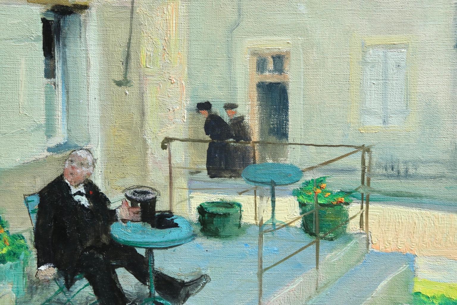 Visit au Cafe - Impressionist Oil, Figures in Landscape - Jules Rene Herve - Gray Figurative Painting by Jules René Hervé