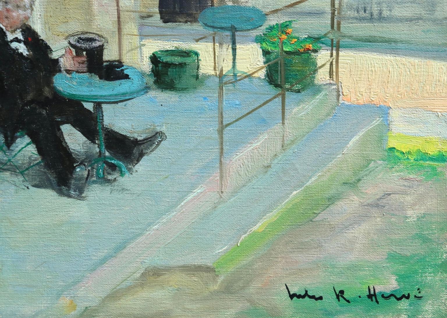A beautiful oil on canvas circa 1930 by French impressionist painter Jules Rene Herve depicting a gentleman sitting outside of a Parisian cafe being served by a waitress. Signed lower right. 

Dimensions:
Unframed: 15