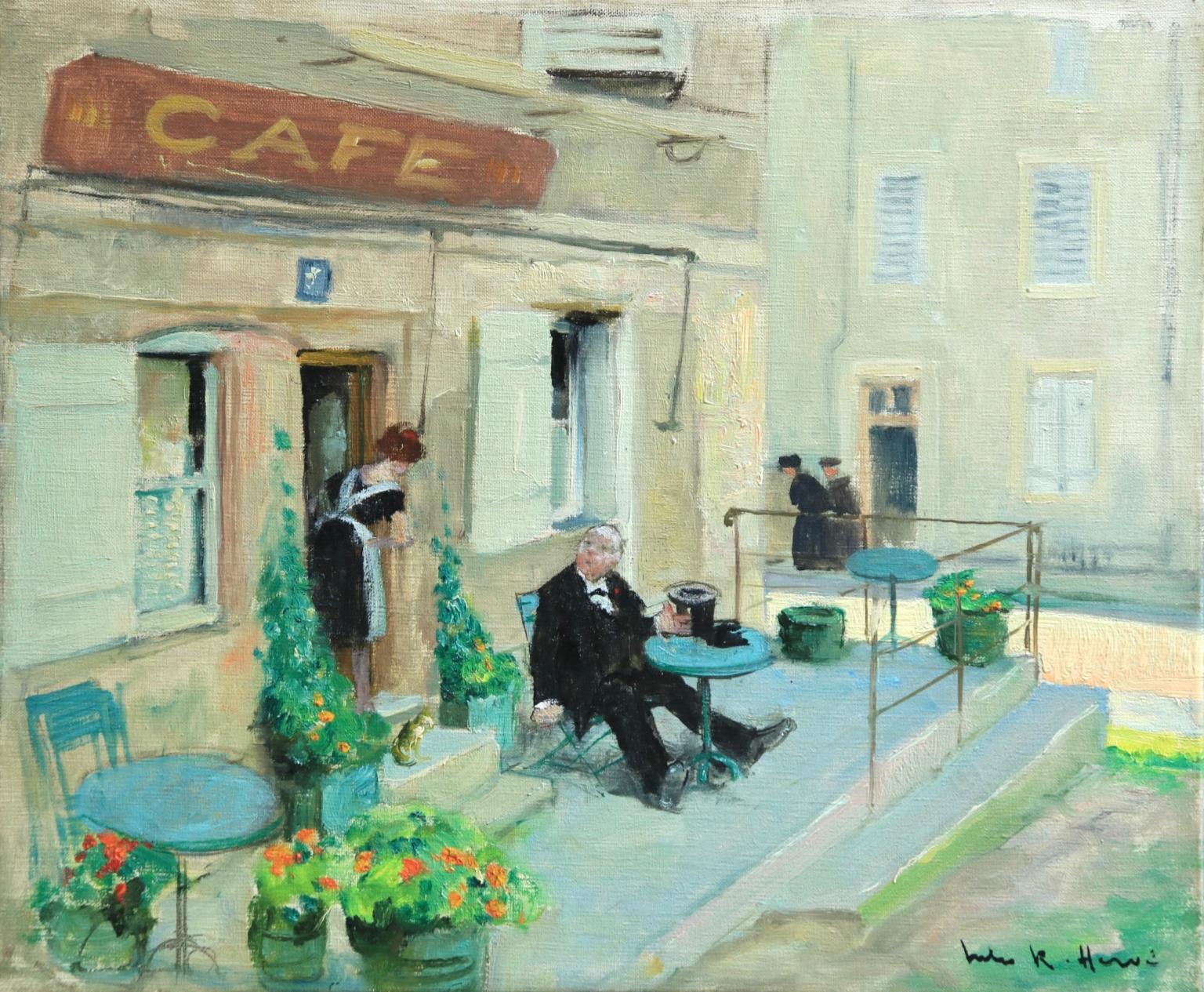 Jules René Hervé Figurative Painting - Visit au Cafe - Impressionist Oil, Figures in Landscape - Jules Rene Herve