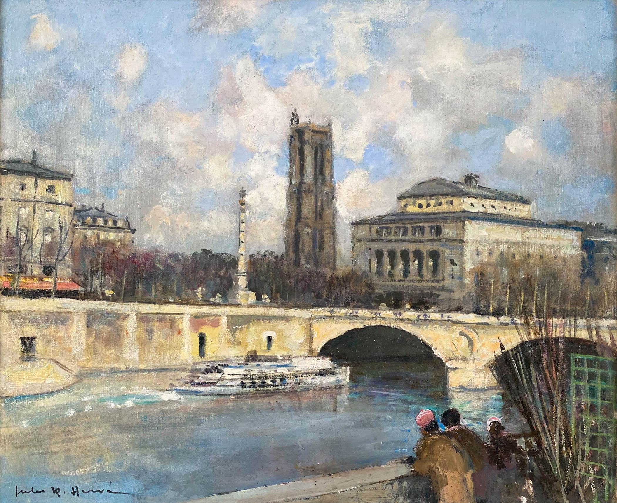 VUE de PARIS , La TOUR ST. JACQUES et LE THEATRE du CHATELET - Painting by Jules René Hervé