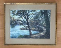 Path Along the Water Watercolor Painting, Framed, 1950s Landscape