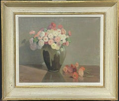 1950
s FRENCH FLOWER OIL PAINTING PASTEL SHADES OF PINKS GREENS 
GREY COLORS