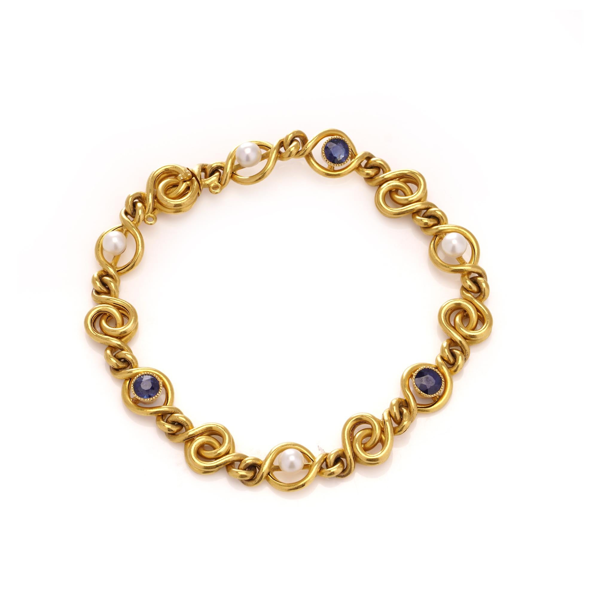 Round Cut Jules Rousseau 24kt Gold Sapphire Pearl Bracelet For Sale