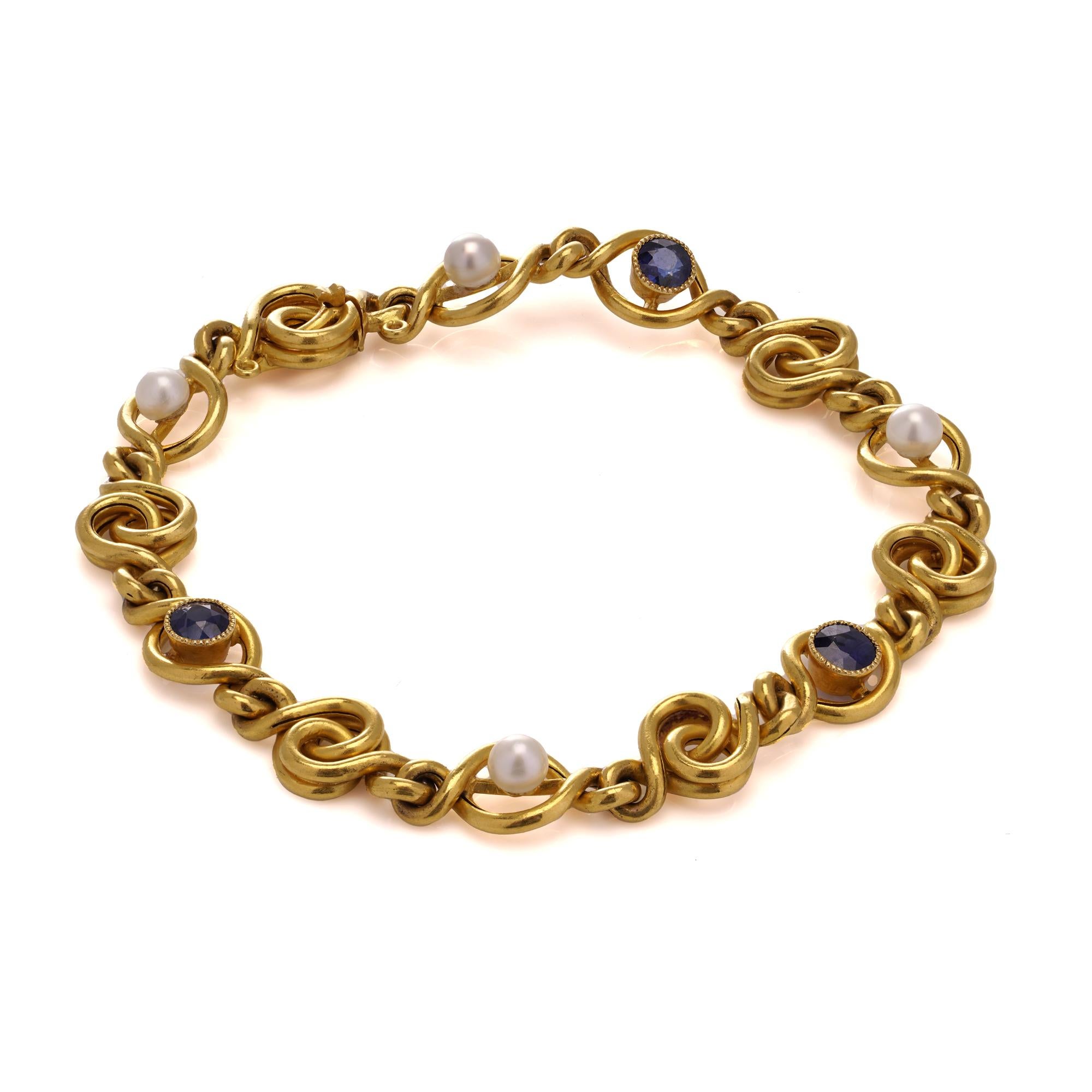 Jules Rousseau, bracelet en or 24 carats, saphirs et perles en vente 1