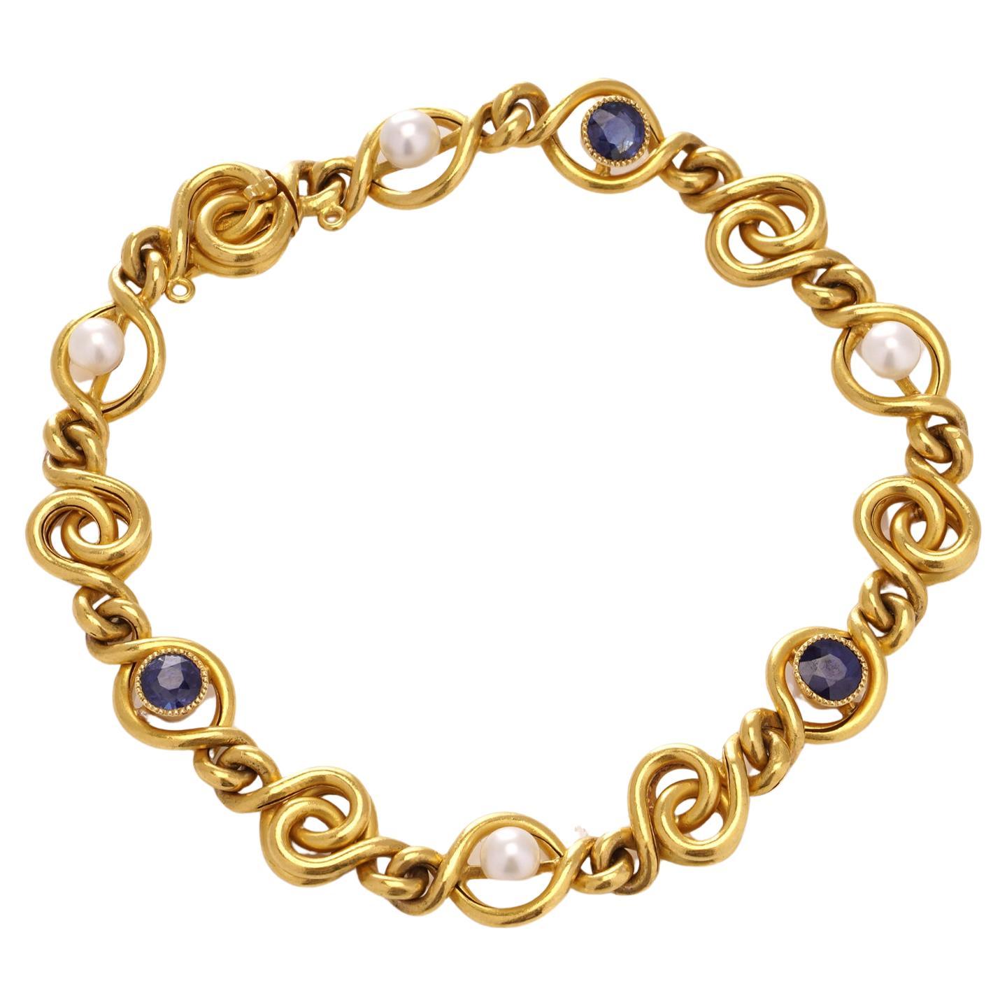 Jules Rousseau 24kt Gold Sapphire Pearl Bracelet For Sale