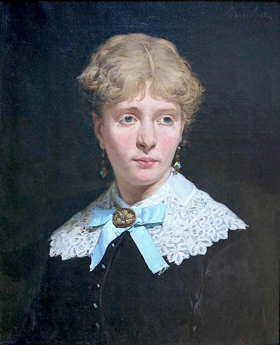 Portrait of a young woman with blond hair - Painting by Jules Rousset