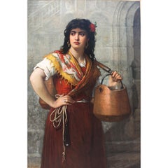 Large & Impressive French 19th Century Oil on Canvas "The Water Carrier Lady"