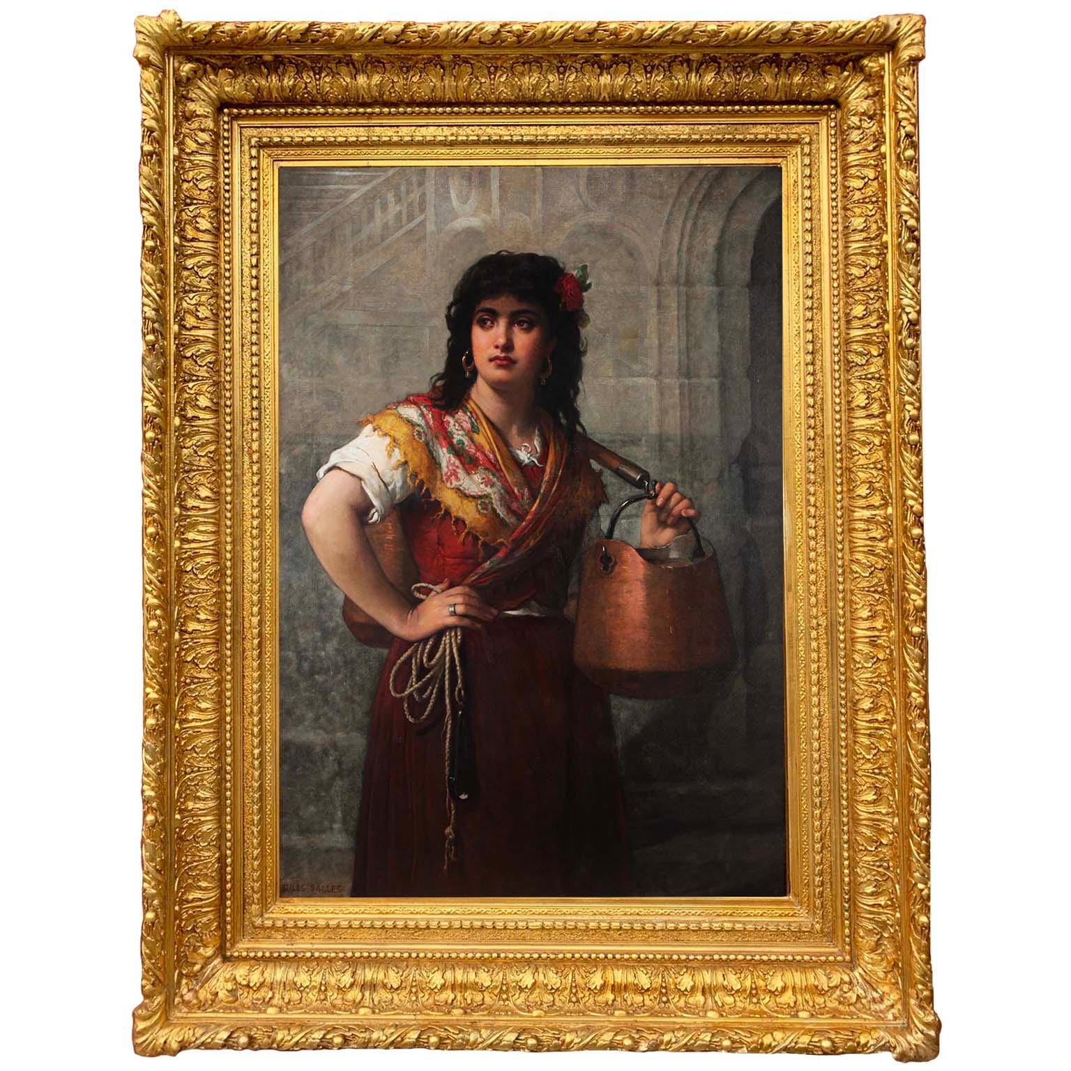 Grande e imponente olio su tela francese del XIX secolo "La signora del trasporto dell'acqua".