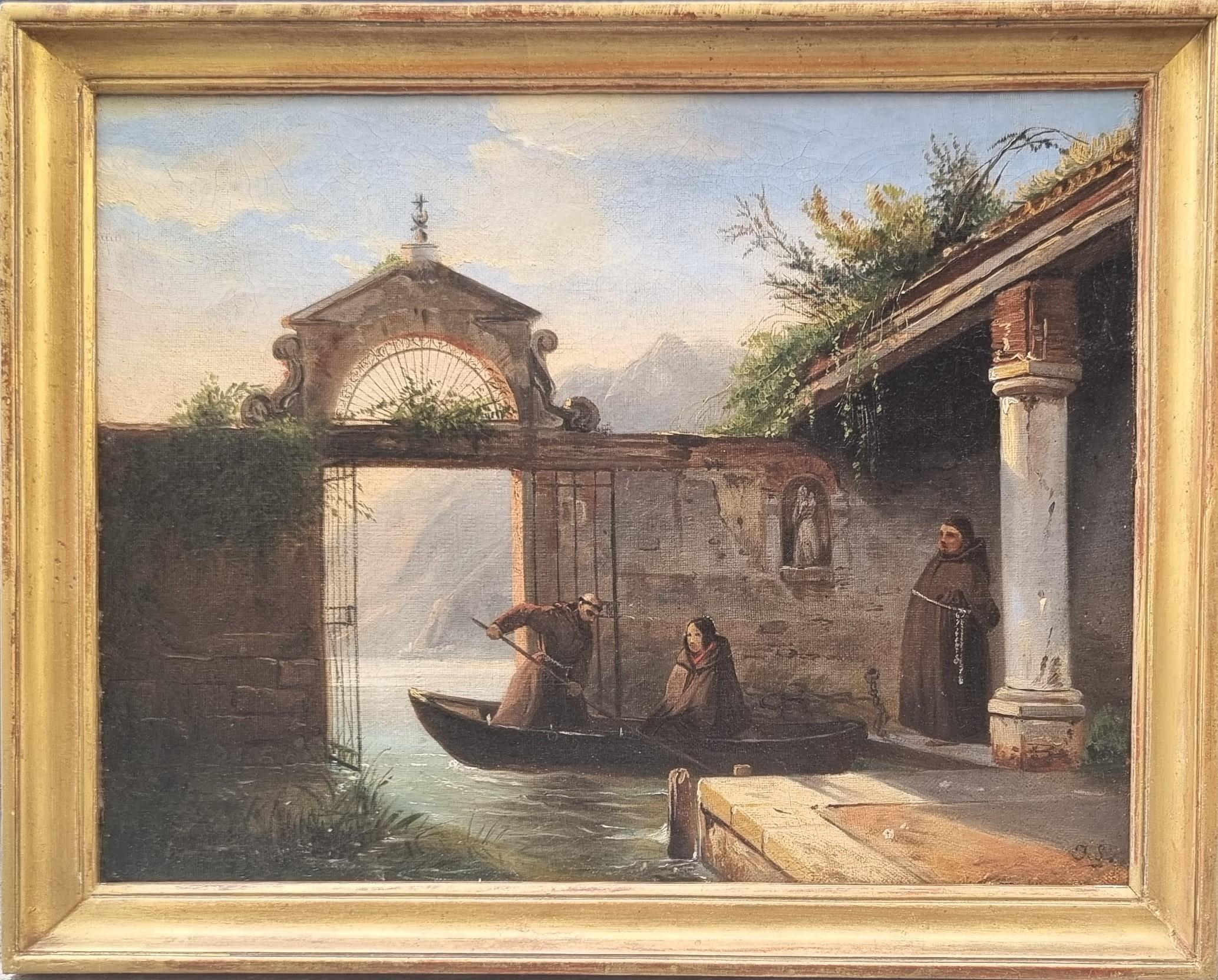 Romantische französische Malerei Italien Como See Mönche Mitte 19. – Painting von Jules SANSON