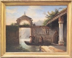 Romantische französische Malerei Italien Como See Mönche Mitte 19.