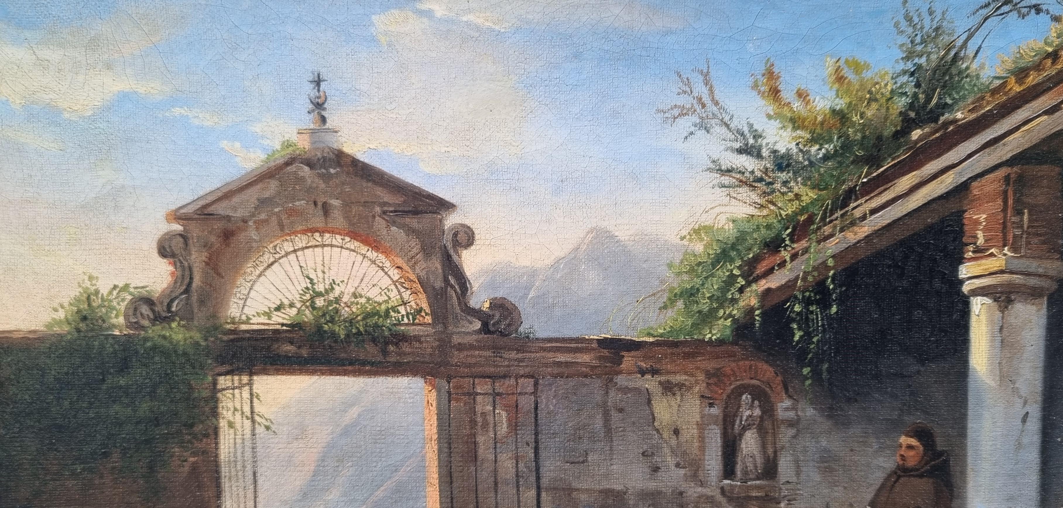 Romantische französische Malerei Italien Como See Mönche Mitte 19. (Grau), Landscape Painting, von Jules SANSON