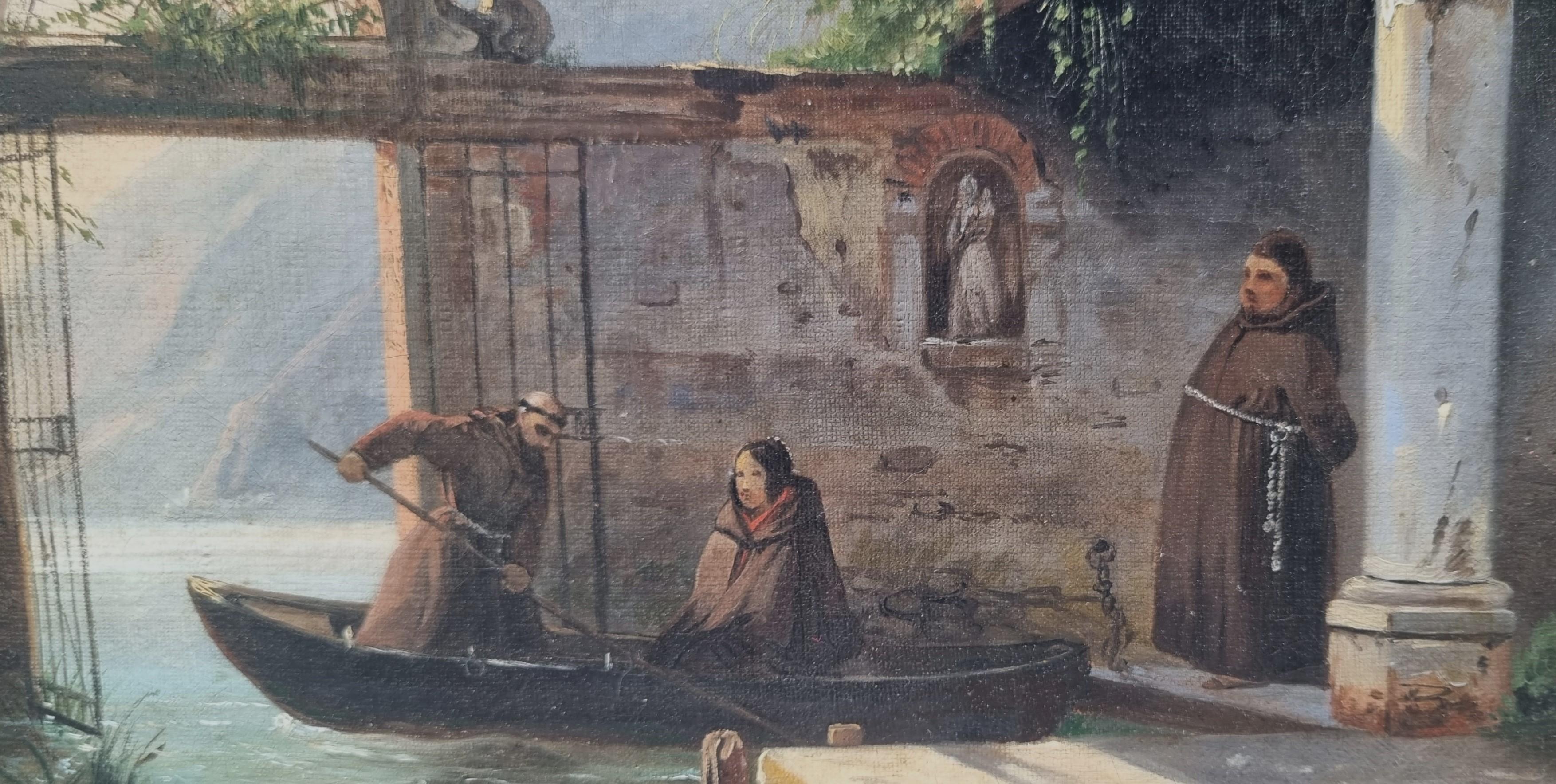 Jules SANSON
Aktiv in den 1830er und 1840er Jahren
Die Ankunft des jungen Mädchens im Kloster am Comer See
Öl auf Leinwand
27 x 35,5 cm (31,5 x 39,5 cm mit dem Rahmen)
Signiert unten rechts 