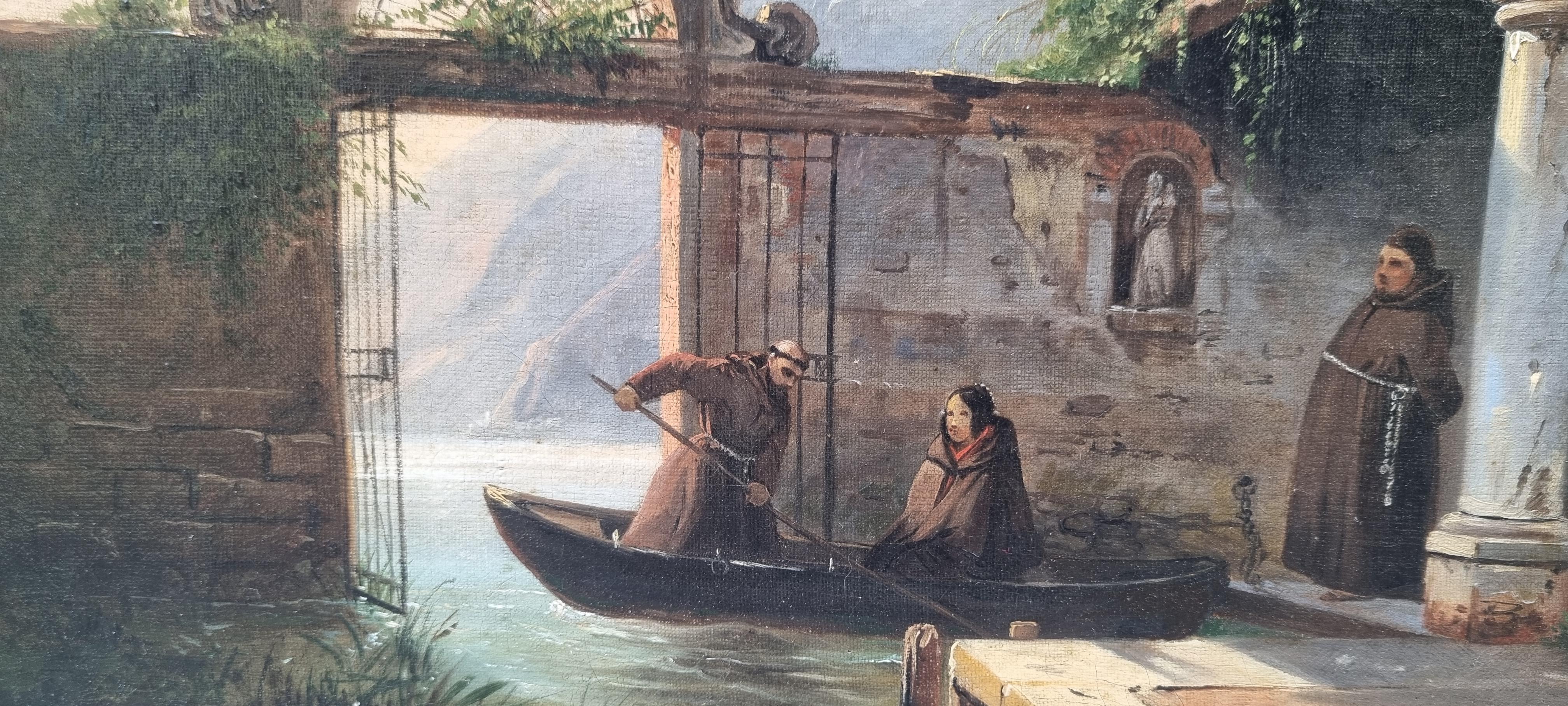 Romantische französische Malerei Italien Como See Mönche Mitte 19. im Angebot 2