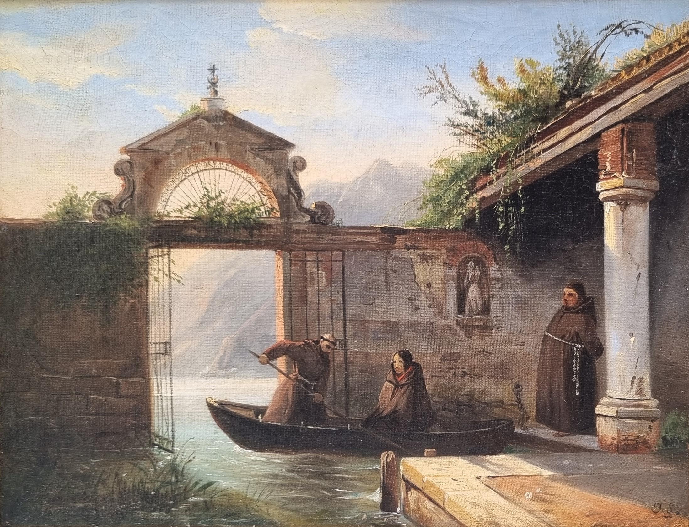 Romantische französische Malerei Italien Como See Mönche Mitte 19.