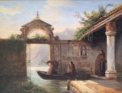 Romantic French painting Italy Como lake monks Mid 19th