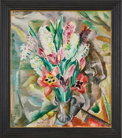 Antique Still Life, Flowers in a Vase, Swedish Modernism. Oil on Canvas 1925