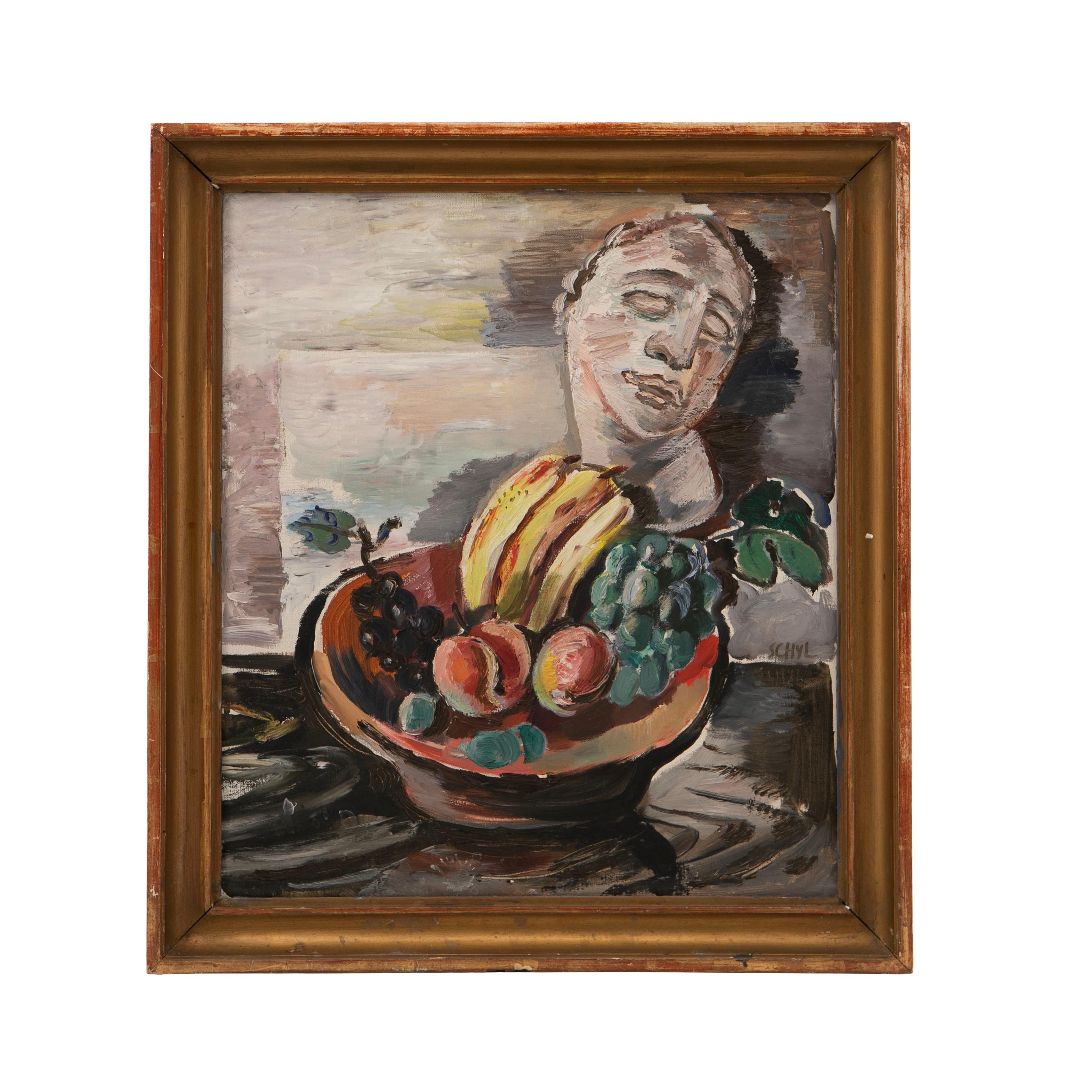 Jules Schyl (Swedish 1893-1977)

Painting. Arrangement / still life: Fruit bowl and bust head.
Oil on canvas.
Dimensions without frame: 43 x 37 cm.

Signed: Schyl