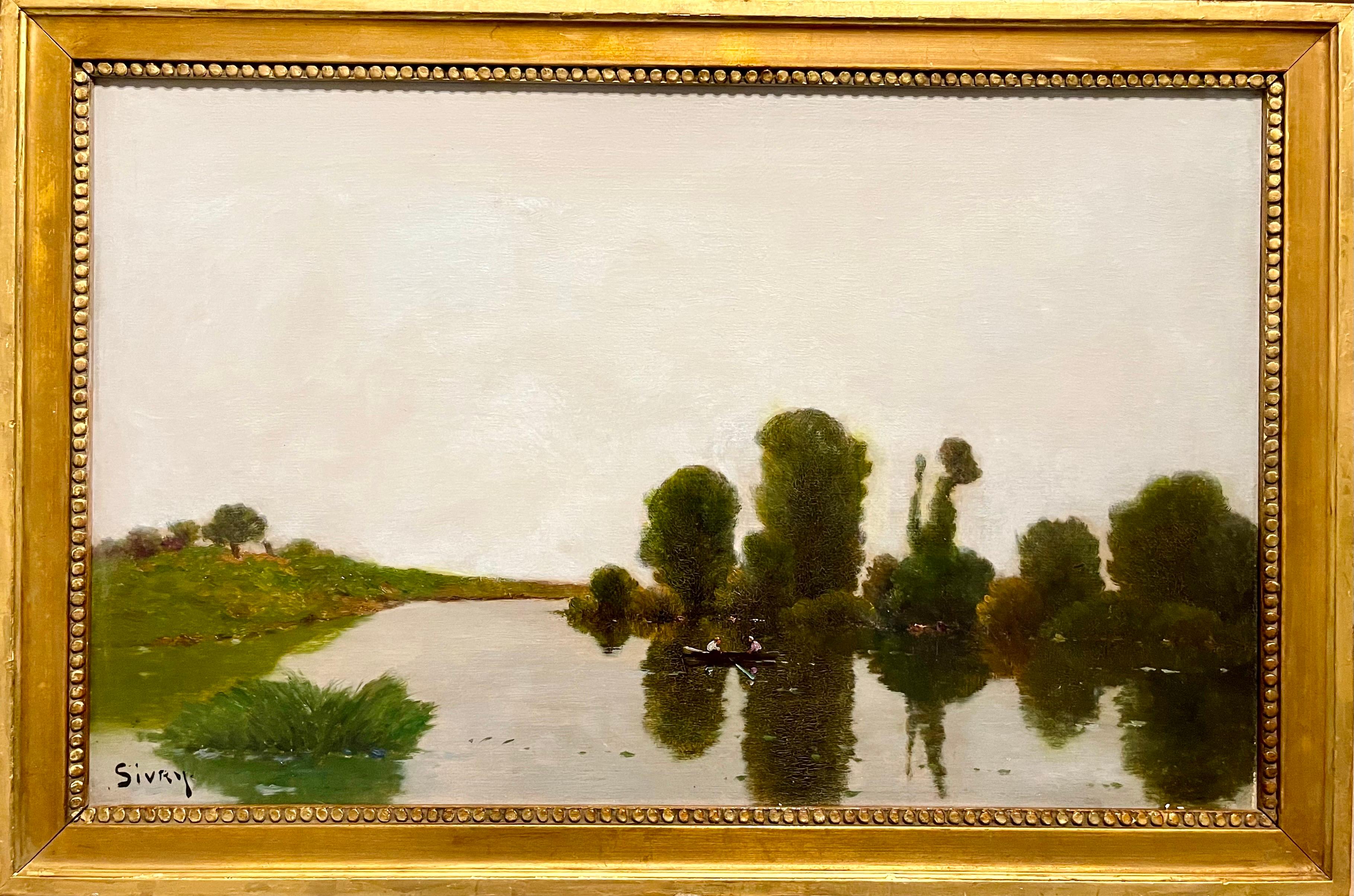 Jules Sivry Figurative Painting - French Barbizon School oil painting River landscape with two men fishing