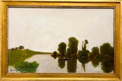 French Barbizon School oil painting River landscape with two men fishing