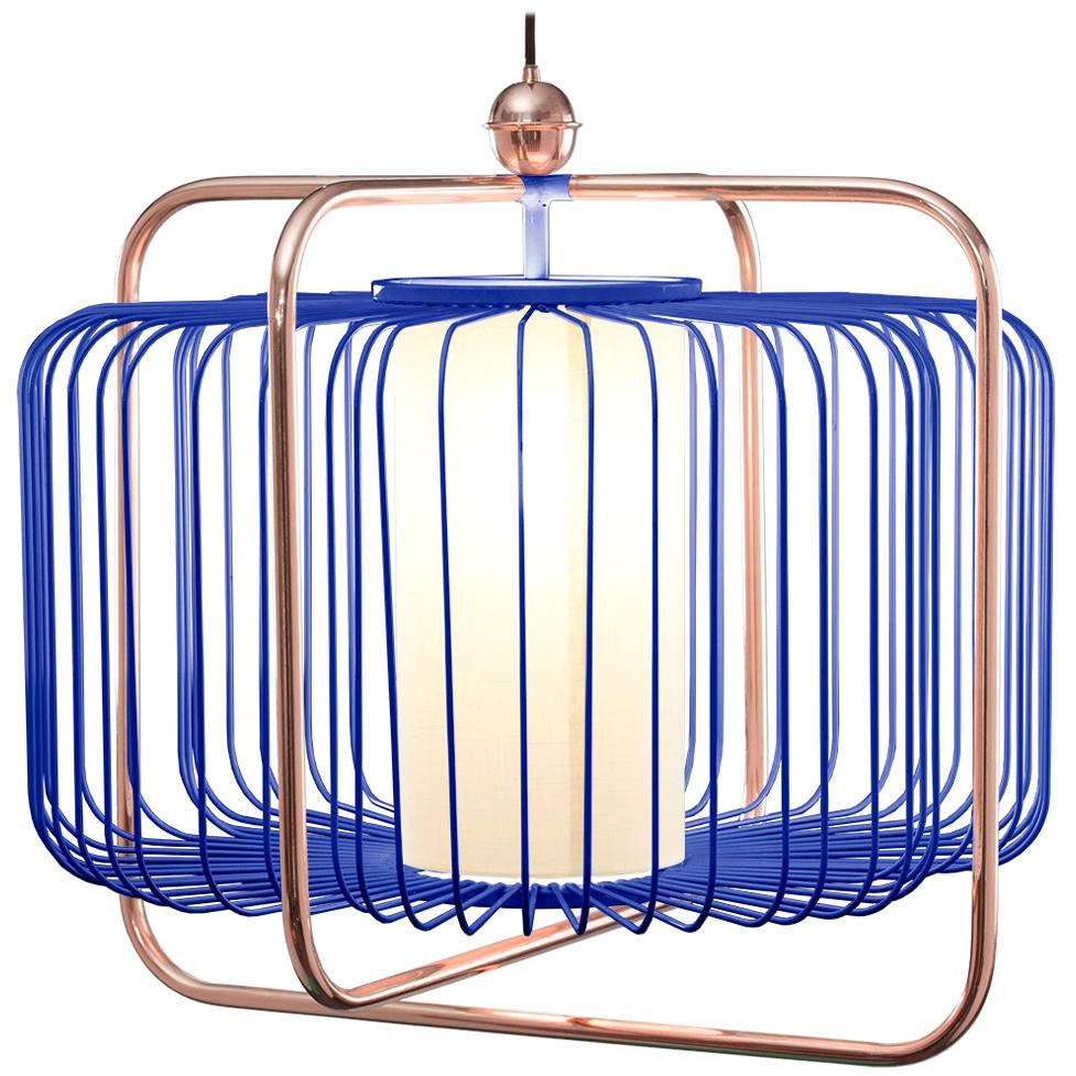 Lampe à suspension Jules I d'inspiration Art Déco contemporaine en cuivre et bleu cobalt