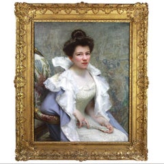 Jules Octave Triquet Signed French Belle Époque Lady with Fan Oil Painting