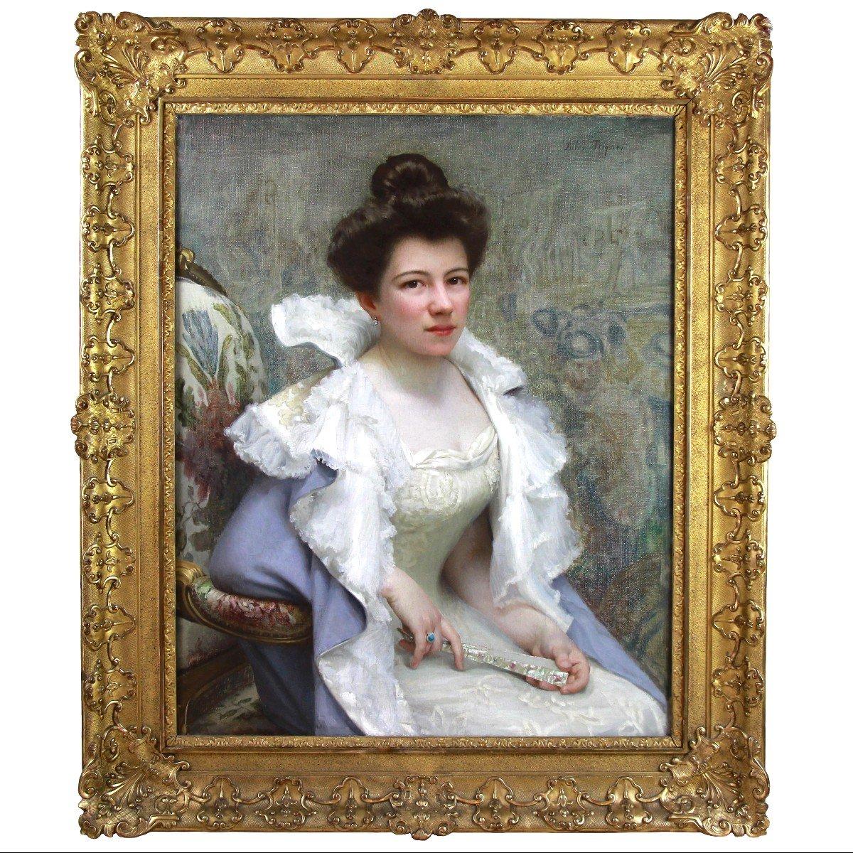 Oil on canvas "jeune femme à l'éventail" by Jules Triquet

Sublime portrait of a woman with a fan at the end of the 19th century, painted by the French painter Jules Octave Triquet
Very high finisching quality, with an exceptionally beautiful Louis