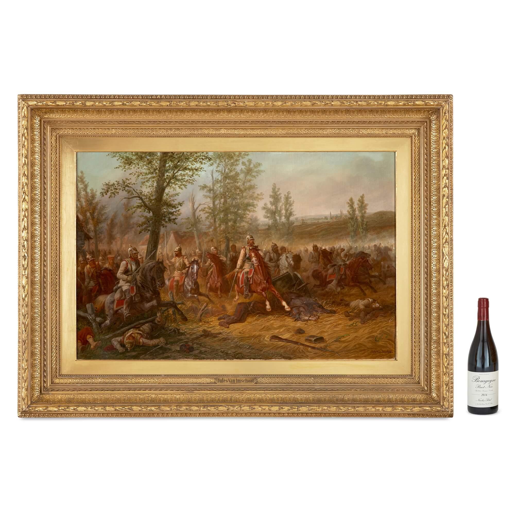 Paire de grandes peintures à l'huile de scènes de bataille par van Imschoot en vente 10