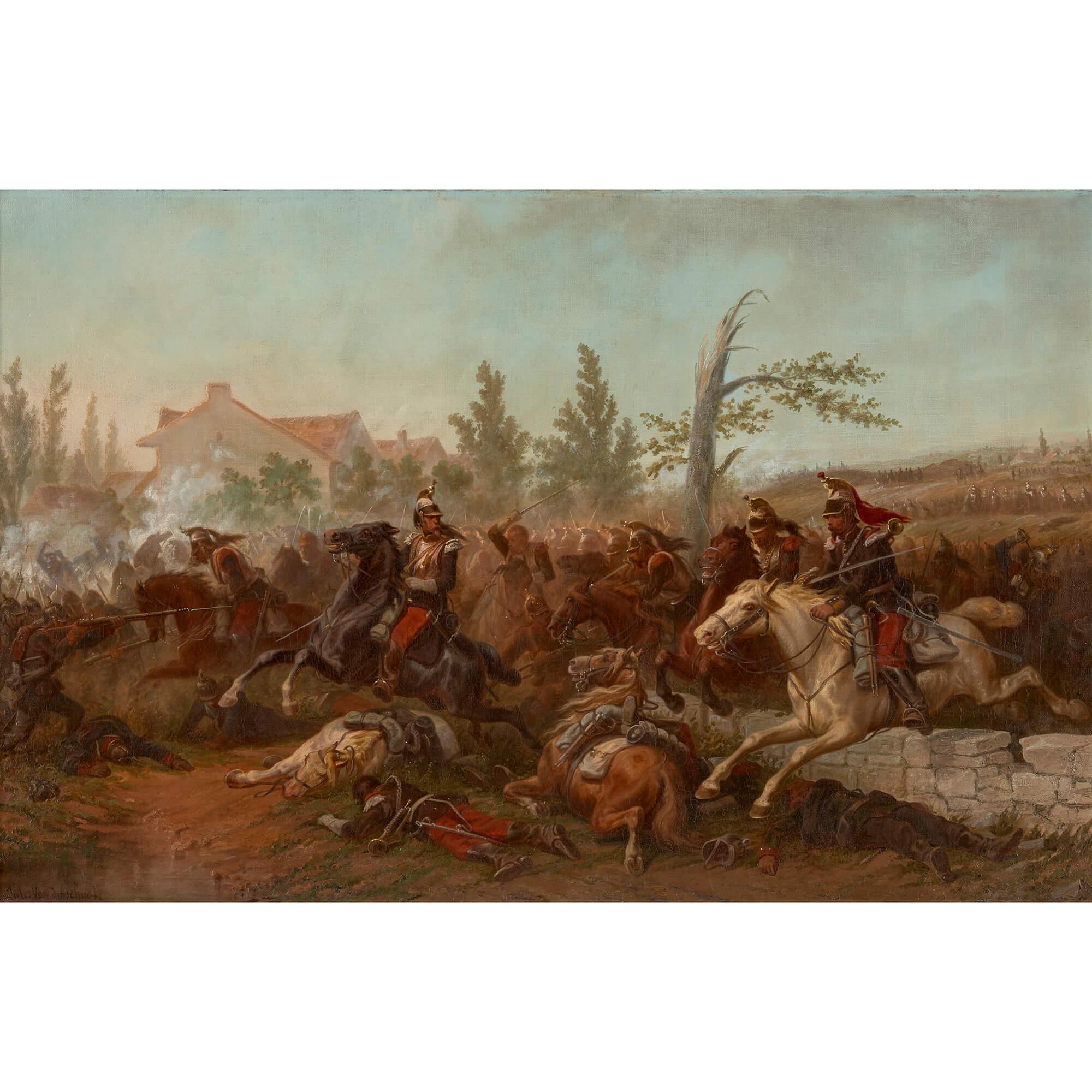 Paire de grandes peintures à l'huile de scènes de bataille par van Imschoot - École flamande Painting par Jules van Imschoot