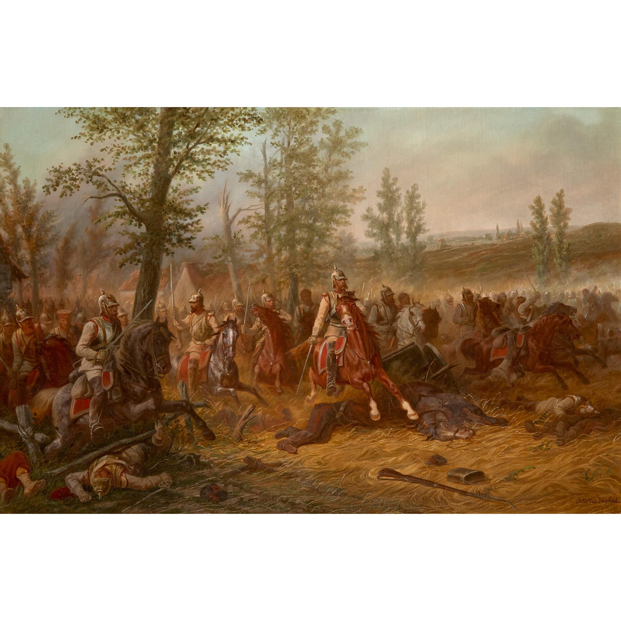 Paire de grandes peintures à l'huile de scènes de bataille par van Imschoot en vente 4