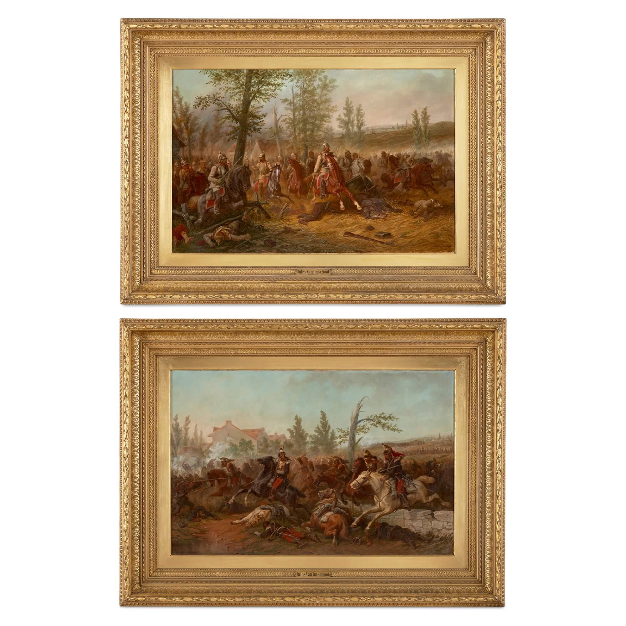 Figurative Painting Jules van Imschoot - Paire de grandes peintures à l'huile de scènes de bataille par van Imschoot