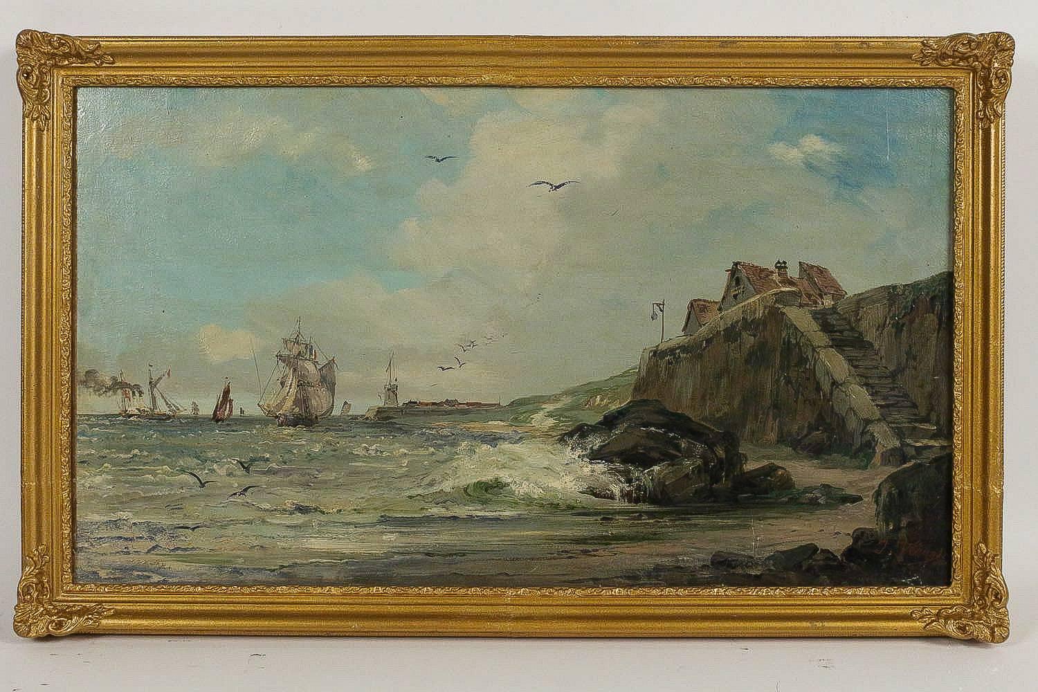 Jules Véron-Faré, Oil on Canvas Scene of Navy Circa 1880-1890.

Excellent oil on canvas depicting a French late-19th-century Navy scene. In his original gilt-wood frame, our painting is signed on a lower right by the French marine painter, Jules