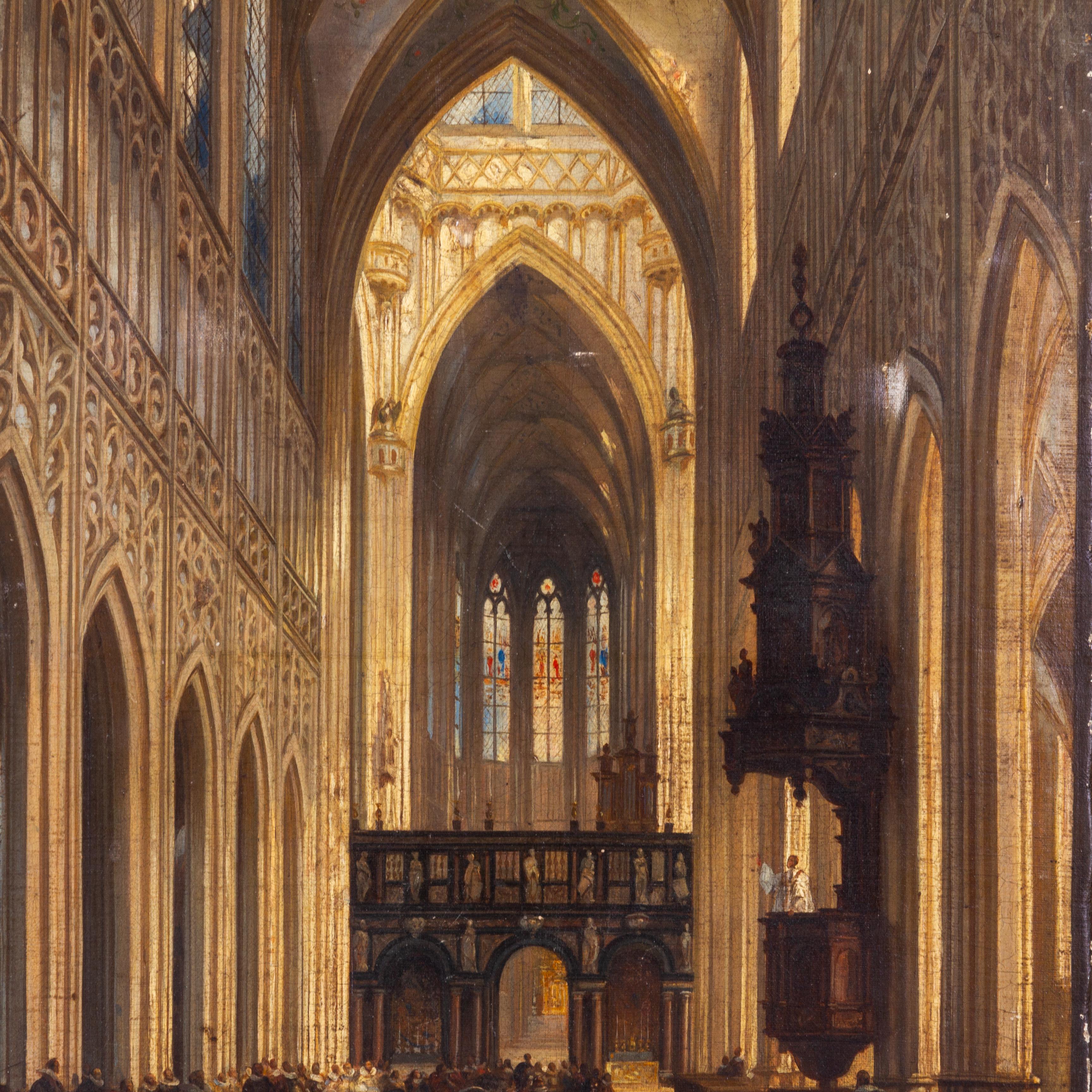 Jules Victor Genisson (Saint-Omer 1805-1860 Bruges) Cathedral Oil Painting
Dimensions: 45 x 37cm, signed & dated 1859
Good condition overall, with light surface wear throughout, would benefit from a light restoration and touch-ups.
From a private