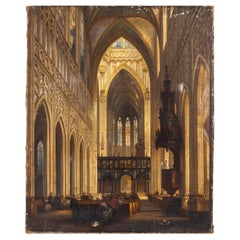 Jules Victor Genisson (Saint-Omer 1805-1860 Bruges) Cathedral Oil Painting