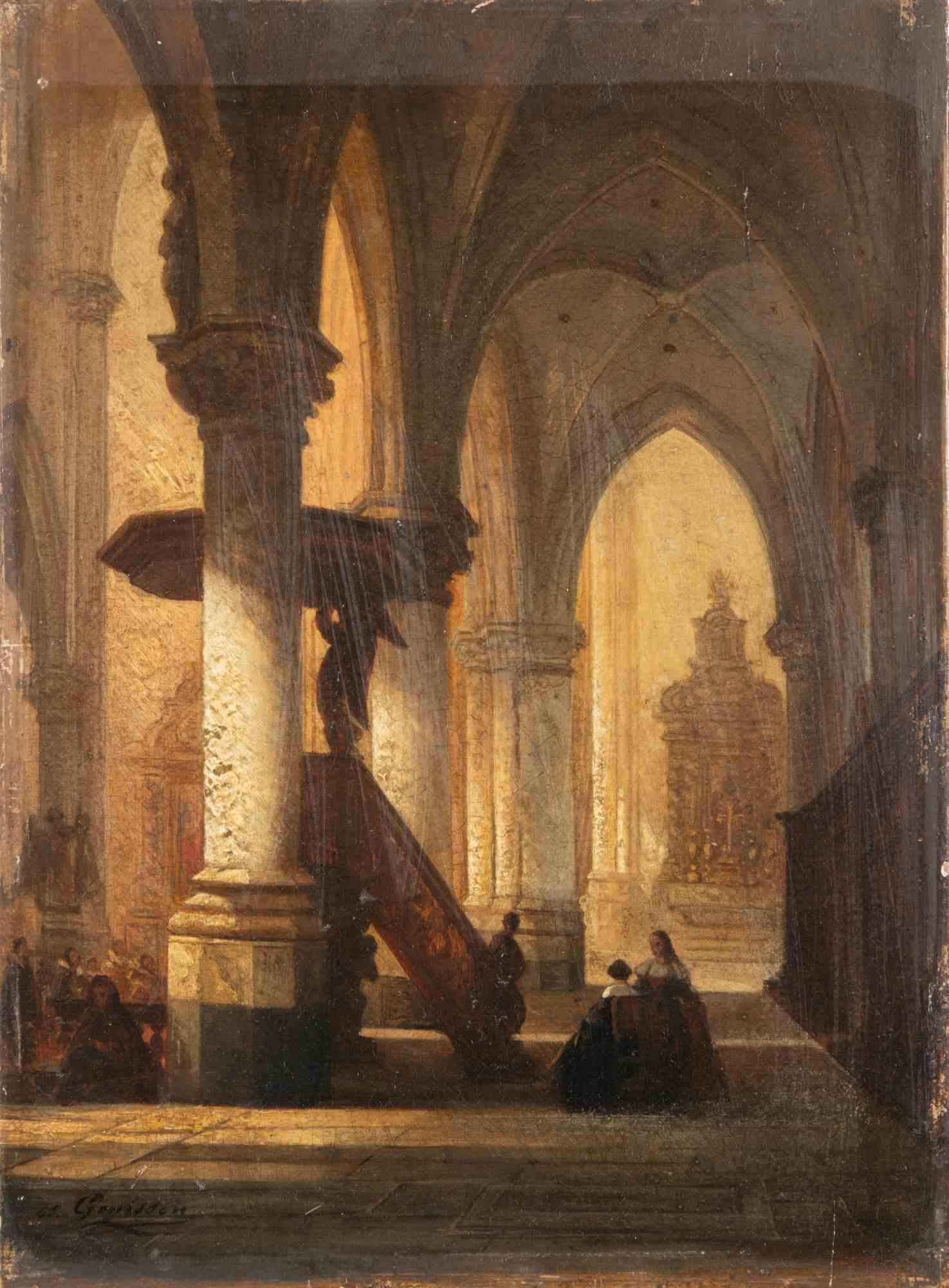 Interior of Church - Oil Paint by Jules Victor Génisson - Mid-19th Century For Sale 3
