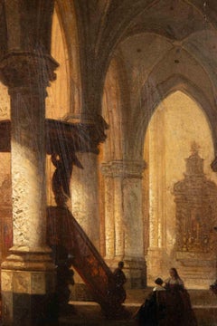 Intérieur d'une église - Peinture à l'huile de Jules Victor Génisson - Milieu du XIXe siècle